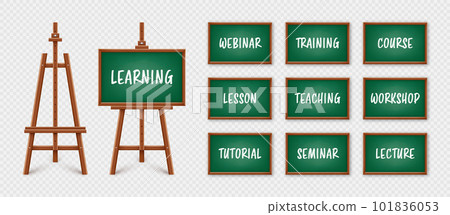 Green chalkboard on wooden easel. Blackboard in wooden frame on a tripod. Presentation board with text, writing or drawing surface. Online studying, e-learning and education. Vector illustration 101836053