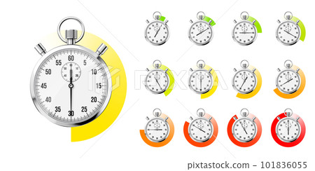 Realistic classic stopwatch. Shiny metal chronometer, time counter with dial. Colorful countdown timer showing minutes and seconds. Time measurement for sport, start and finish. Vector illustration 101836055
