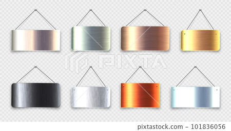 Brushed metal blank hanging signboards. Vintage door sign for cafe, restaurant, bar or retail store. Announcement banner, information signage for business or service. Vector illustration Brushed metal blank hanging signboards. Vintage door sign for cafe, restaurant, bar or retail store. Announcement banner, information signage for business or service. Vector illustration 101836056