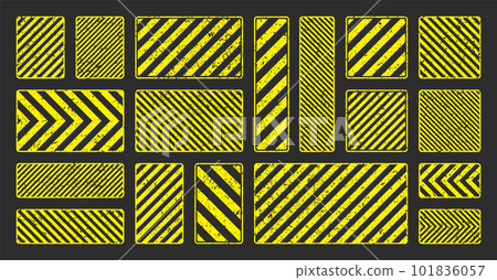 Various yellow grunge warning signs with diagonal lines. Old attention, danger or caution sign, construction site signage. Realistic notice signboard, warning banner, road shield. Vector illustration Various yellow grunge warning signs with diagonal lines. Old attention, danger or caution sign, construction site signage. Realistic notice signboard, warning banner, road shield. Vector illustration 101836057