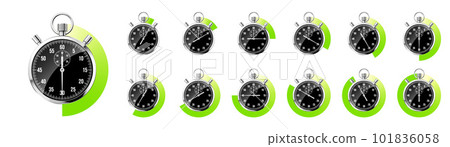 Realistic classic stopwatch. Shiny metal chronometer, black time counter with dial. Green countdown timer showing minutes, seconds. Time measurement for sport, start and finish. Vector illustration Realistic classic stopwatch. Shiny metal chronometer, black time counter with dial. Green countdown timer showing minutes, seconds. Time measurement for sport, start and finish. Vector illustration 101836058