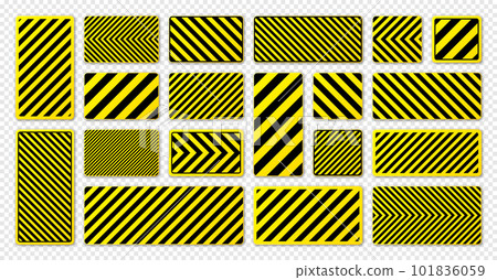 Various black and yellow warning signs with diagonal lines. Attention, danger or caution sign, construction site signage. Realistic notice signboard, warning banner, road shield. Vector illustration Various black and yellow warning signs with diagonal lines. Attention, danger or caution sign, construction site signage. Realistic notice signboard, warning banner, road shield. Vector illustration 101836059