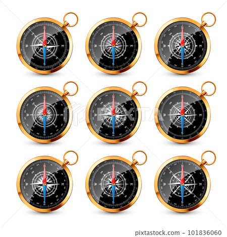 Vintage compass, marine wind rose with cardinal directions of North, East, South, West. Realistic golden navigational compass, shiny metal. Cartography and navigation. Vector illustration Vintage compass, marine wind rose with cardinal directions of North, East, South, West. Realistic golden navigational compass, shiny metal. Cartography and navigation. Vector illustration 101836060