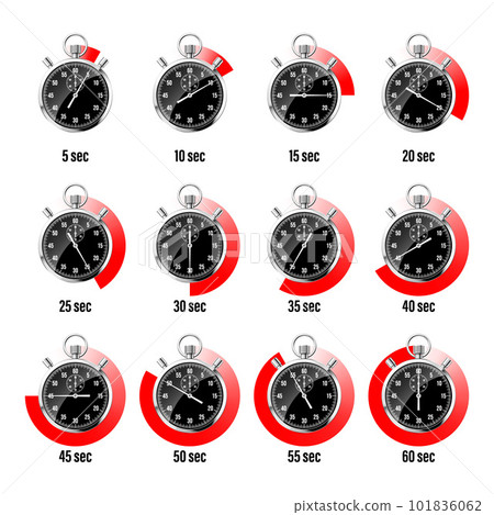 Realistic classic stopwatch. Shiny metal chronometer, black time counter with dial. Red countdown timer showing minutes and seconds. Time measurement for sport, start and finish. Vector illustration Realistic classic stopwatch. Shiny metal chronometer, black time counter with dial. Red countdown timer showing minutes and seconds. Time measurement for sport, start and finish. Vector illustration 101836062