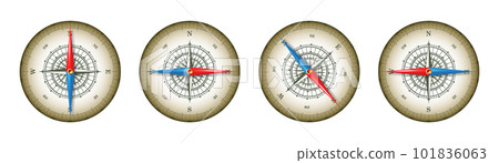 Marine compass, nautical wind rose with cardinal directions of North, East, South, West and degree markings. Geographical position and orientation, cartography and navigation. Vector illustration Marine compass, nautical wind rose with cardinal directions of North, East, South, West and degree markings. Geographical position and orientation, cartography and navigation. Vector illustration 101836063