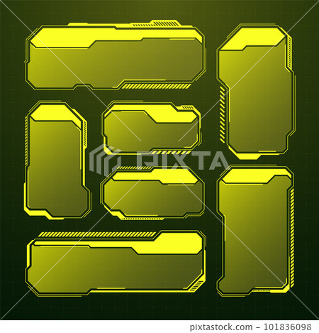 Yellow futuristic HUD, UI elements. Sci-fi user interface text boxes, callouts. Warning message frames, information boxes template. Modern game interface layout in digital style. Vector illustration Yellow futuristic HUD, UI elements. Sci-fi user interface text boxes, callouts. Warning message frames, information boxes template. Modern game interface layout in digital style. Vector illustration 101836098