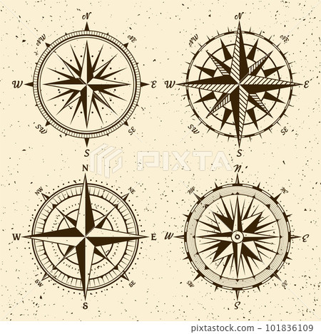 Vintage marine wind rose, nautical chart. Monochrome navigational compass with cardinal directions of North, East, South, West. Geographical position, cartography and navigation. Vector illustration. Vintage marine wind rose, nautical chart. Monochrome navigational compass with cardinal directions of North, East, South, West. Geographical position, cartography and navigation. Vector illustration. 101836109