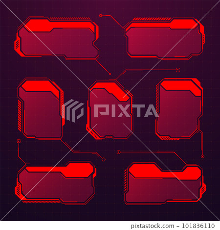 Red futuristic HUD or UI elements. Sci-fi user interface text boxes, callouts. Warning message frames, information boxes template. Modern game interface layout in digital style. Vector illustration 101836110