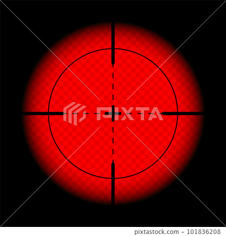 Various weapon thermal infrared sight, sniper rifle optical scope. Hunting gun viewfinder with crosshair. Aim, shooting mark symbol. Military target sign. Game UI element. Vector illustration 101836208