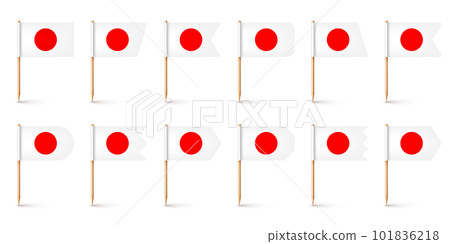 Realistic various Japanese toothpick flags. Souvenir from Japan. Wooden toothpicks with paper flag. Location mark, map pointer. Blank mockup for advertising and promotions. Vector illustration Realistic various Japanese toothpick flags. Souvenir from Japan. Wooden toothpicks with paper flag. Location mark, map pointer. Blank mockup for advertising and promotions. Vector illustration 101836218