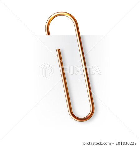 Realistic copper paperclip attached to paper isolated on white background. Shiny metal paper clip, page holder, binder. Workplace office supplies. Vector illustration Realistic copper paperclip attached to paper isolated on white background. Shiny metal paper clip, page holder, binder. Workplace office supplies. Vector illustration 101836222
