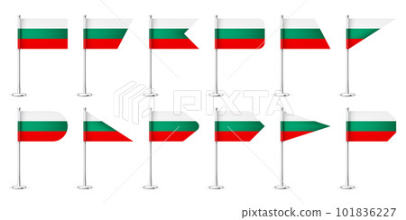Bulgarian table flags on a chrome steel pole. Souvenir from Bulgaria. Desk flag made of paper or fabric, shiny metal stand. Mockup for promotion and advertising. Vector illustration Bulgarian table flags on a chrome steel pole. Souvenir from Bulgaria. Desk flag made of paper or fabric, shiny metal stand. Mockup for promotion and advertising. Vector illustration 101836227