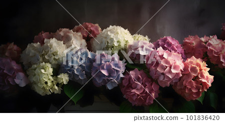 Dark moody floral hydrangea flower wall background 101836420