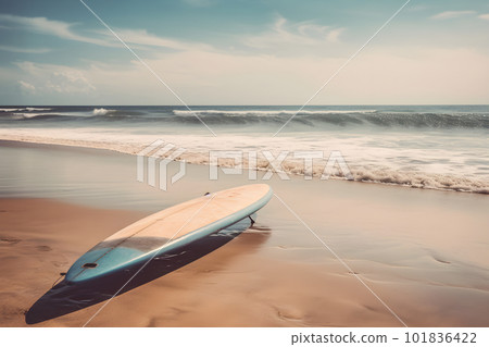 Surfboard on long sandy deserted ocean beach 101836422