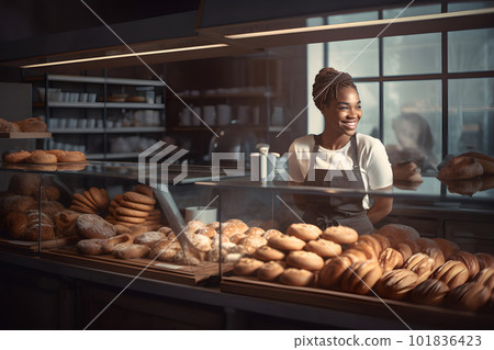 Black female entrepreneur working in local bakery Black female entrepreneur working in local bakery 101836423