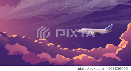 commercial airplane flying in clouds at sunset 101836693