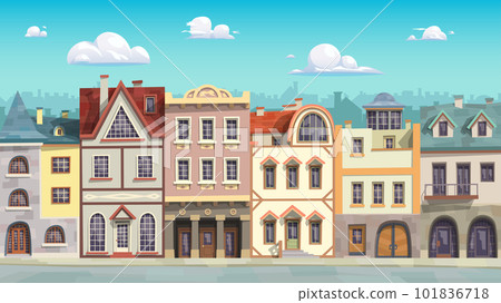 a cartoon style various houses facade street 101836718