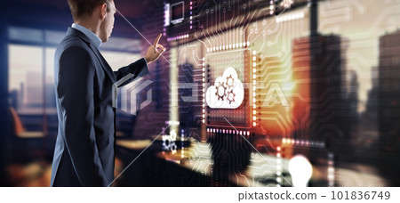 Cloud computing concept. Businessman clicking on virtual screen. Connect to cloud. Cloud computing icon Cloud computing concept. Businessman clicking on virtual screen. Connect to cloud. Cloud computing icon 101836749