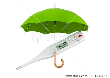 Digital electronic thermometer under umbrella, 3D rendering Digital electronic thermometer under umbrella, 3D rendering 101837264