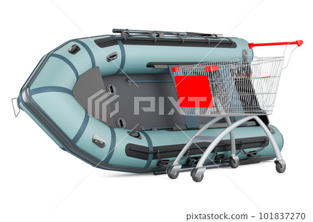 Inflatable boat with shopping cart, 3D rendering Inflatable boat with shopping cart, 3D rendering 101837270