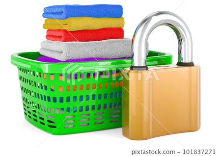 Laundry basket full of clean clothes with padlock, 3D rendering Laundry basket full of clean clothes with padlock, 3D rendering 101837271