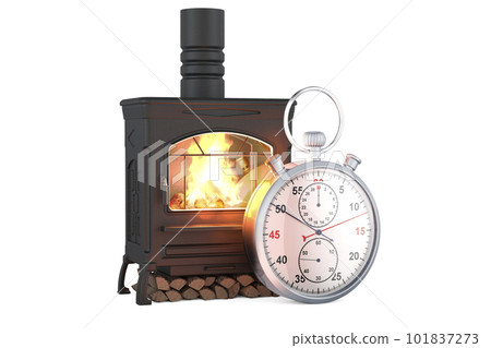 Potbelly stove, wood burner stove with stopwatch, 3D rendering Potbelly stove, wood burner stove with stopwatch, 3D rendering 101837273