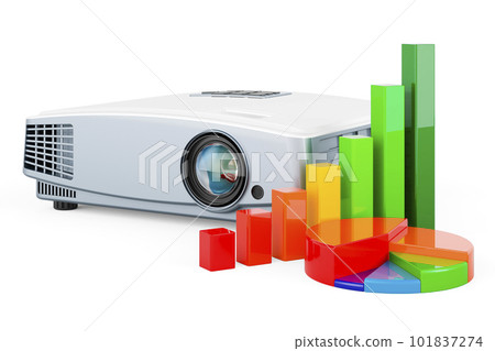 Projector with growth bar graph and pie chart. 3D rendering 101837274