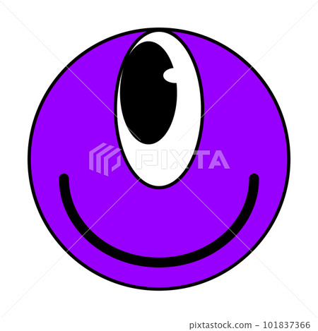 Cartoon Groovy funny purple cartoon smile character, vintage. Funky comic bright emoticon stickers 101837366