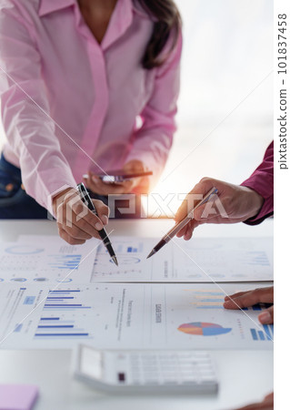 Group of Business People Meeting analysis financial plan, discussion, research with paperwork at office, accounting concept Group of Business People Meeting analysis financial plan, discussion, research with paperwork at office, accounting concept 101837458