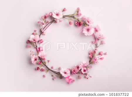 Different small flowers in a wreath on pink background with copy space. Abstract natural floral frame layout with text space. Romantic feminine flatlay. Wedding, International Women day, Mother Day 101837722