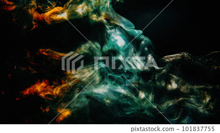Paint drop. Ink water. Cold flame. Burning ice. Red orange blue color gradient glowing glitter fluid splash on dark black abstract art background. Paint drop. Ink water. Cold flame. Burning ice. Red orange blue color gradient glowing glitter fluid splash on dark black abstract art background. 101837755