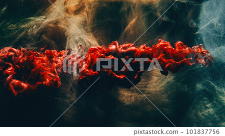 Ink shot. Paint water. Fluid splash. Underwater hot lava trail. Red color liquid floating golden blue glitter mist cloud on dark black abstract art background. Ink shot. Paint water. Fluid splash. Underwater hot lava trail. Red color liquid floating golden blue glitter mist cloud on dark black abstract art background. 101837756