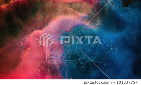 Paint water. Color mist. Magic spell mystery. Blue pink contrast vapor floating splash cloud blend on dark black abstract art background. Paint water. Color mist. Magic spell mystery. Blue pink contrast vapor floating splash cloud blend on dark black abstract art background. 101837757