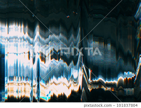 Glitch texture. Digital artifacts. Screen distortion. Blue white orange color wave static noise on dark black illustration abstract background. Glitch texture. Digital artifacts. Screen distortion. Blue white orange color wave static noise on dark black illustration abstract background. 101837804
