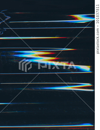 Glitch overlay. Distressed screen. Digital noise. Orange blue color artifacts dust scratches dirt stains texture on dark black illustration abstract background. 101837811