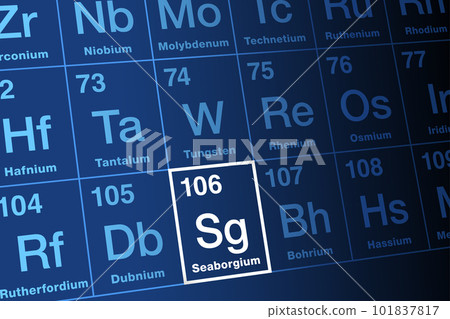 Seaborgium, on the periodic table. Radioactive, synthetic transactinide element with element symbol Sg and atomic number 106, without commercial use. Named after the American chemist Glenn T. Seaborg. 101837817