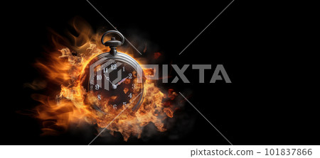 A burning alarm clock on a dark background with fiery particles, symbolizing the pressure of approaching deadlines and the passing of time. Is AI Generative. A burning alarm clock on a dark background with fiery particles, symbolizing the pressure of approaching deadlines and the passing of time. Is AI Generative. 101837866