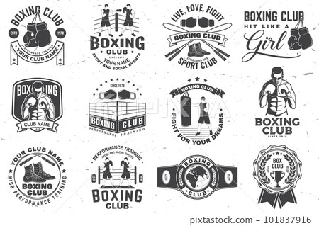 Set of Boxing club badge, logo design. Vector illustration. For Boxing sport club emblem, sign, patch, shirt, template. Vintage monochrome label, sticker with Boxer, gloves, boxing jump rope and shoes Set of Boxing club badge, logo design. Vector illustration. For Boxing sport club emblem, sign, patch, shirt, template. Vintage monochrome label, sticker with Boxer, gloves, boxing jump rope and shoes 101837916