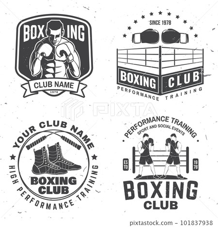 Set of Boxing club badge, logo design. Vector illustration. For Boxing sport club emblem, sign, patch, shirt, template. Vintage monochrome label, sticker with Boxer, gloves, boxing jump rope and shoes Set of Boxing club badge, logo design. Vector illustration. For Boxing sport club emblem, sign, patch, shirt, template. Vintage monochrome label, sticker with Boxer, gloves, boxing jump rope and shoes 101837938