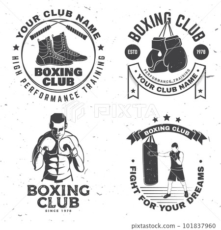 Set of Boxing club badge, logo design. Vector illustration. For Boxing sport club emblem, sign, patch, shirt, template. Vintage monochrome label, sticker with Boxer, gloves, boxing jump rope and shoes Set of Boxing club badge, logo design. Vector illustration. For Boxing sport club emblem, sign, patch, shirt, template. Vintage monochrome label, sticker with Boxer, gloves, boxing jump rope and shoes 101837960