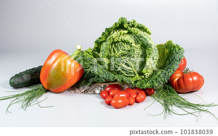 Fresh savoy cabbage, paprika, cucumber, green onion, tomatoes on gray background. Top view detox concept, vegan, food cooking ingredients 101838039