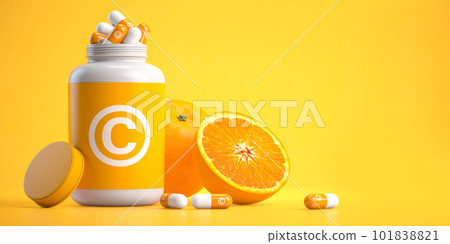 Bottle with vitamine C capsules and orange on yellow background. 101838821