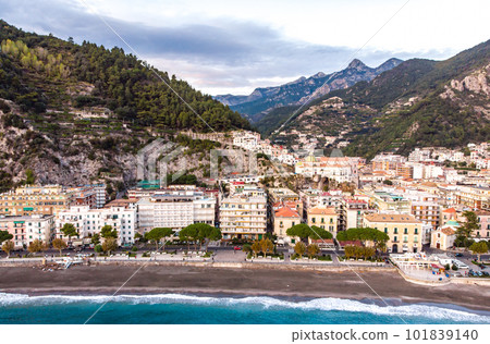 Aerial drome sunset view of resort village Minori Amalfi coast Italy 101839140