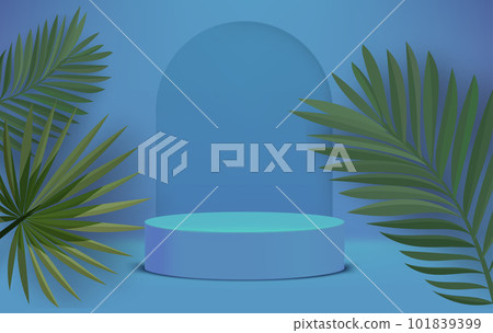 Bright illuminated blue interior with podium and green leaves. Eco friendly product showcase template. 3d vector background 101839399