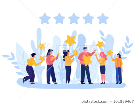 Illustration of people characters giving five-star feedback through stars rating system. Vector concepts depicting customer reviews with both positive and negative ratings. Vector 101839467