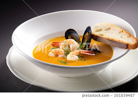 Bouillabaisse Seafood Soup, Fish, Shrimps Broth in Bowl, Abstract Generative AI Illustration Bouillabaisse Seafood Soup, Fish, Shrimps Broth in Bowl, Abstract Generative AI Illustration 101839487
