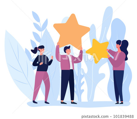 A vector illustration of people holding stars and giving a five-star rating as feedback. Customers and clients choose their satisfaction rating and leave positive reviews to evaluate their experiences A vector illustration of people holding stars and giving a five-star rating as feedback. Customers and clients choose their satisfaction rating and leave positive reviews to evaluate their experiences 101839488