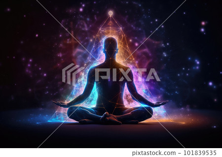 Body silhouette in lotus pose against cosmic background. Generative AI 101839535