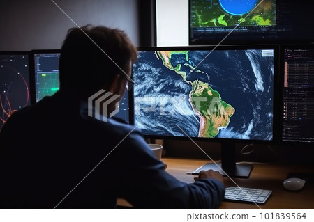 Meteorologist monitoring weather forecast at monitor screen. Generative AI 101839564