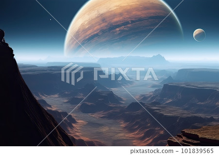 Surface of unknown planet with craters and mountains. Generative AI 101839565